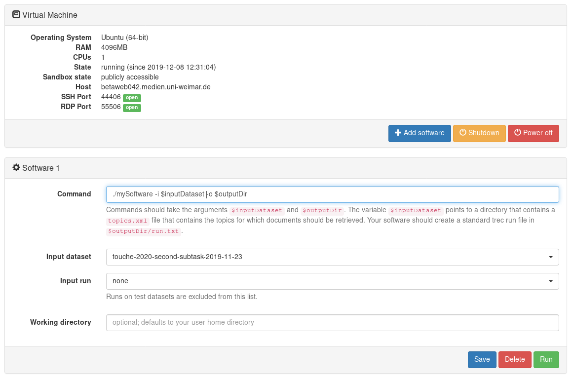 Overview of the software configuration in TIRA.