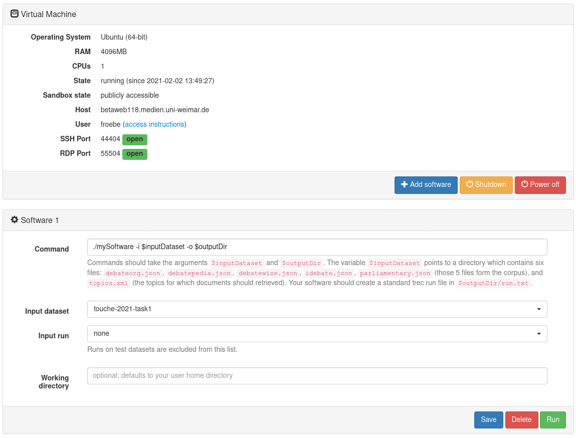 Overview of the software configuration in TIRA.